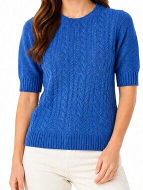 Perri cutten small 100% linen dark blue solid old money knit top Short Sleeve